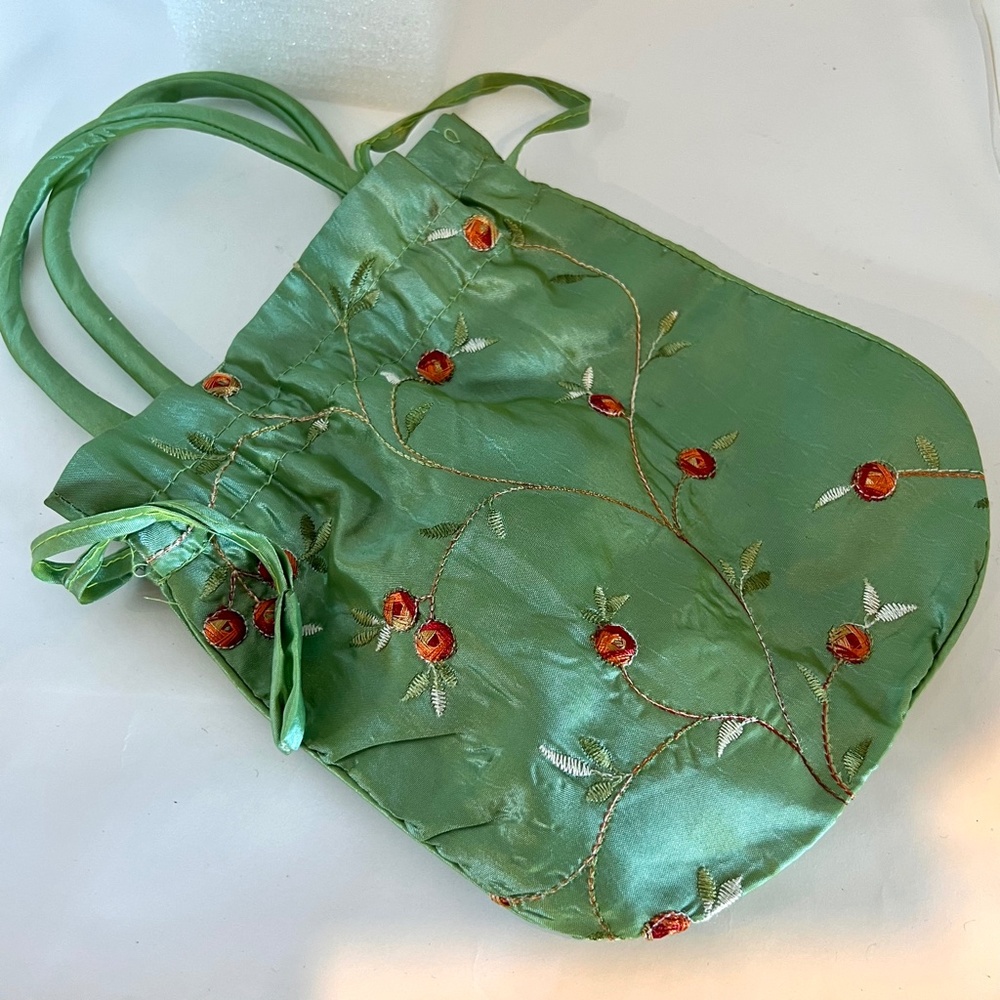 Embroidered Green drawstring  pouch bag